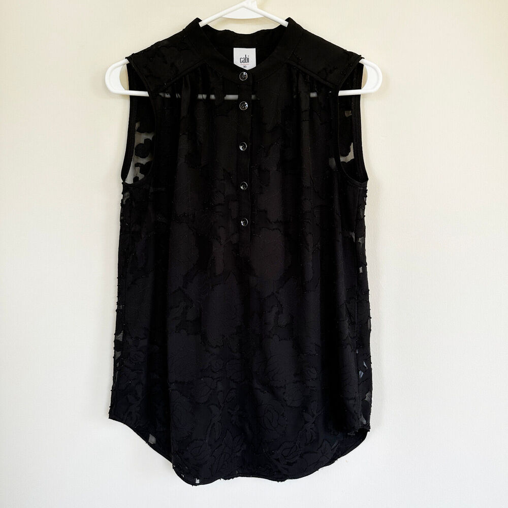 Cabi Blouse Womens Extra Small Sleeveless Shirt Preppy Floral Burnout Black